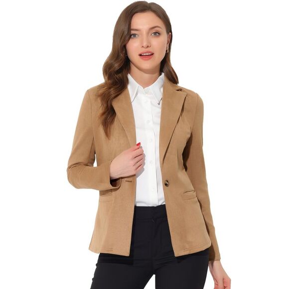 Faux Suede Blazer Lapel Collar Long Sleeve Workwear Jacket Khaki - Picture 1 of 6
